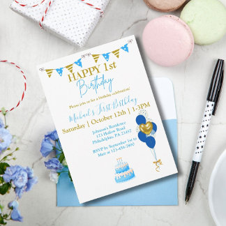 Erster Geburtstag Baby Junge Blau Gold Luftballons Einladung