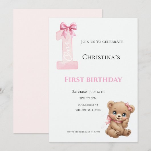 Erster Geburtstag Baby Mädchen Einladung (Vorne/Hinten)