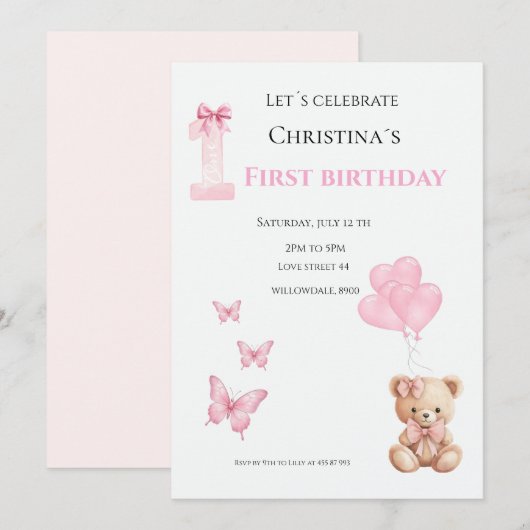 Erster Geburtstag Baby Mädchen Einladung (Vorne/Hinten)