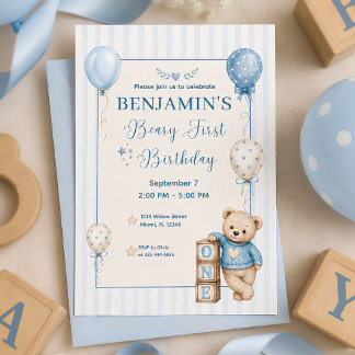 Erster Geburtstag Beary Blau Baby Junge 1. Geburts Einladung