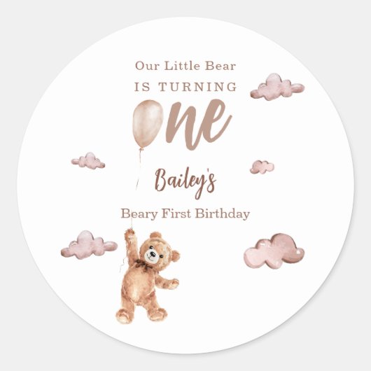 Erster Geburtstag Beary Runder Aufkleber (Vorderseite)