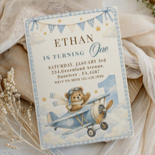 Erster Geburtstag Blau Gingham Teddybär Flugzeug Einladung