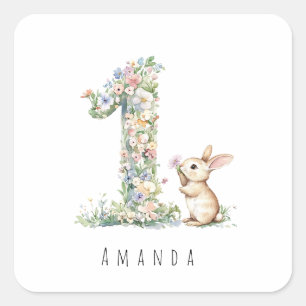Erster Geburtstag Blumenhase Quadratischer Aufkleber