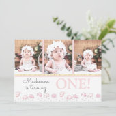 Erster Geburtstag Blush Pink Gold Collage Einladung (Stehend Vorderseite)