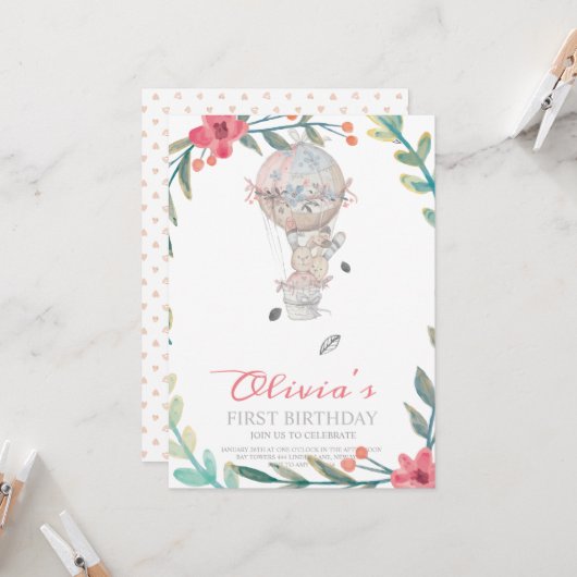 Erster Geburtstag Boho Heißluftballon Geburtstag Einladung (Vorderseite/Rückseite Beispiel)