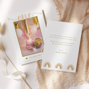 Erster Geburtstag Boho Regenbogen Rosa Gold Foto Dankeskarte