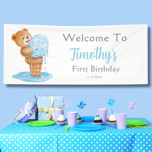 Erster Geburtstag Boy Teddy Bear Ice Creme Banner