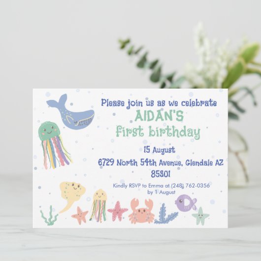 Erster Geburtstag der niedlichen Unterwasserwelt Einladung (Stehend Vorderseite)
