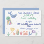 Erster Geburtstag der niedlichen Unterwasserwelt Einladung (Vorne/Hinten)