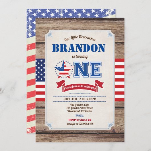 Erster Geburtstag des Babys 4. Juli Unabhängigkeit Einladung (Vorne/Hinten)