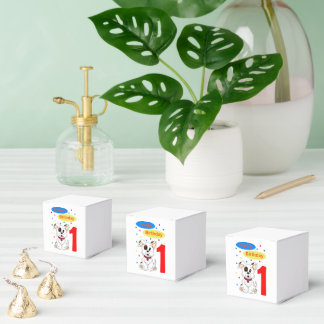 Erster Geburtstag des Kindes Süßer Welpe und Bunte Geschenkschachtel