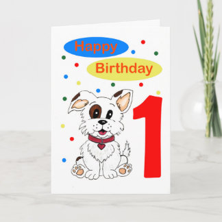 Erster Geburtstag des Kindes Süßer Welpe und Buntk Karte