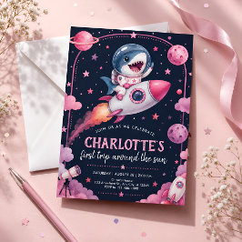 Erster Geburtstag des rosa Weltraumhais Einladung
