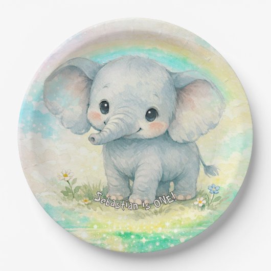 Erster Geburtstag Elefant Regenbogen Rosa Pastell Pappteller (Vorderseite)