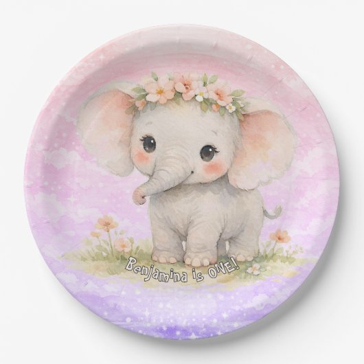 Erster Geburtstag Elefant Regenbogen Rosa Pastell Pappteller (Vorderseite)