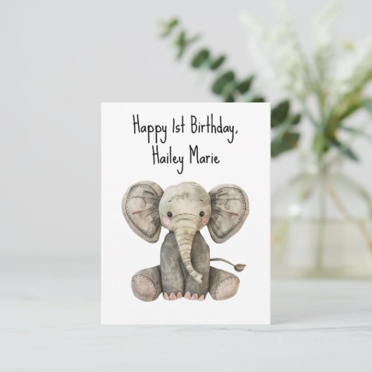 Erster Geburtstag gestopfter Elefant Personalisier Postkarte (Stehend Vorderseite)