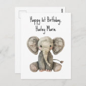 Erster Geburtstag gestopfter Elefant Personalisier Postkarte (Vorne/Hinten)