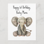 Erster Geburtstag gestopfter Elefant Personalisier Postkarte (Vorderseite)