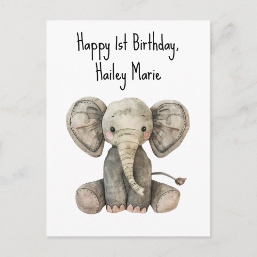 Erster Geburtstag gestopfter Elefant Personalisier Postkarte (Vorderseite)
