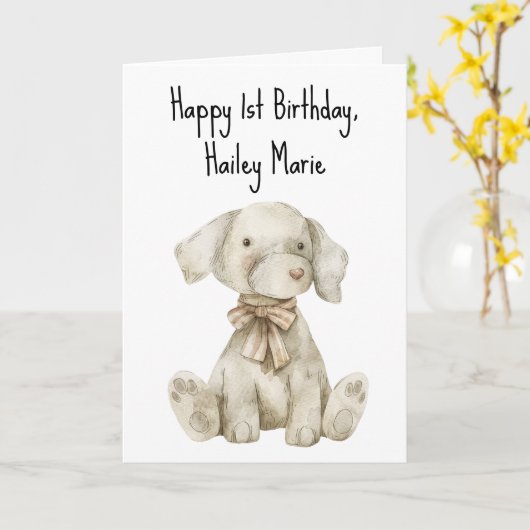 Erster Geburtstag gestopfter Spielzeughund Persona Karte (Gelbe Blume)