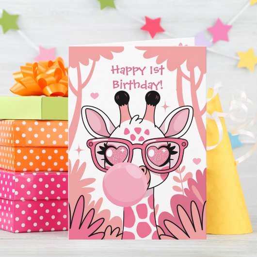 Erster Geburtstag Giraffe Rosa Blase Süß Lustig  Karte