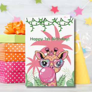 Erster Geburtstag Giraffe Rosa Blase Süß Lustig Karte