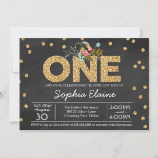 Erster Geburtstag, Gold Glitzer Confetti, Chalkboa Einladung
