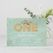Erster Geburtstag, Gold Glitzer Confetti, Minzgrün Einladung (Stehend Vorderseite)
