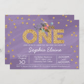 Erster Geburtstag, GoldGlitzerConfetti und Lila Einladung (Vorne/Hinten)