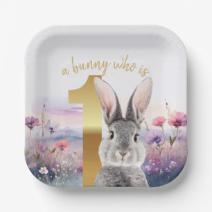 Erster Geburtstag Grauer Hase mit Wildblumen Pappteller