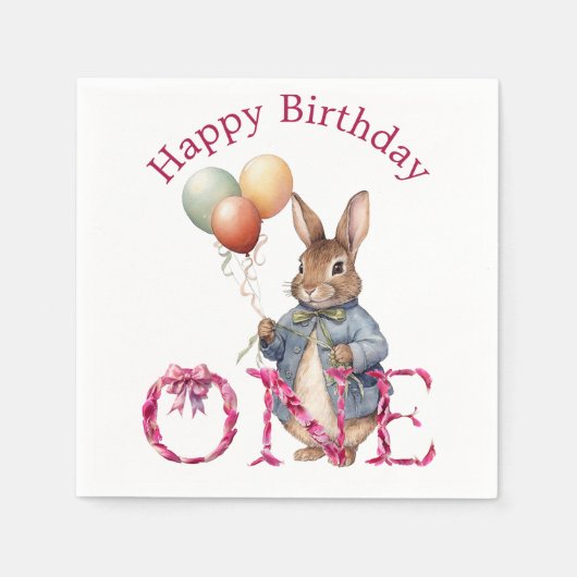 Erster Geburtstag Hase Farbige Ballons Serviette (Vorderseite)