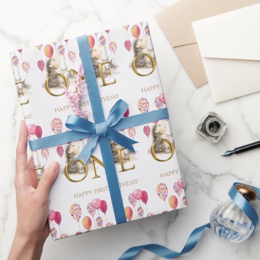 Erster Geburtstag Igel mit rosa Ballons Geschenkpapier (Schenken)