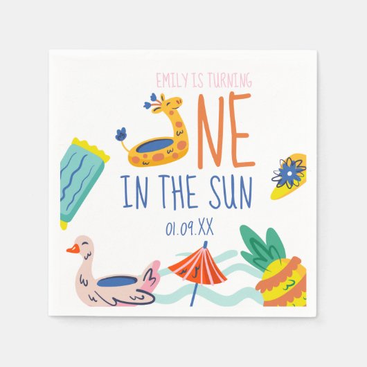 Erster Geburtstag im Sonnenpool-Strandparty-Doodle Serviette (Vorderseite)