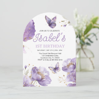 Erster Geburtstag, Lila und goldene Blume Schmette Einladung