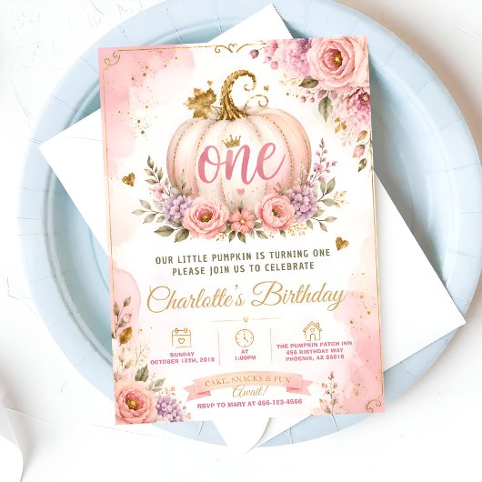 Erster Geburtstag mit rosa Kürbis Einladung