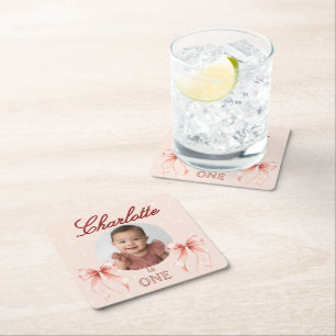 Erster Geburtstag mit rosa Schleife! Rechteckiger Pappuntersetzer