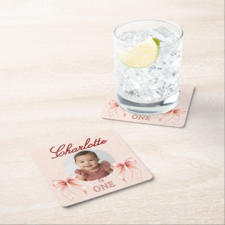 Erster Geburtstag mit rosa Schleife! Rechteckiger Pappuntersetzer