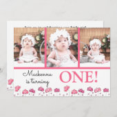 Erster Geburtstag Pink Aquarellbilder Collage Einladung (Vorne/Hinten)