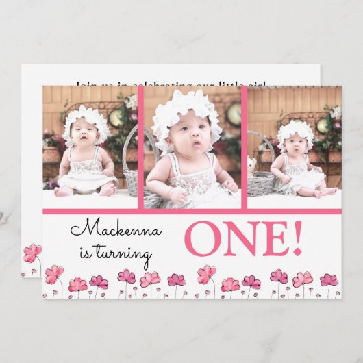 Erster Geburtstag Pink Aquarellbilder Collage Einladung (Vorne/Hinten)