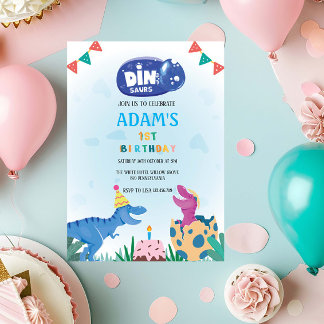 Erster Geburtstag Pink & Blue Dinosaurier Einladung
