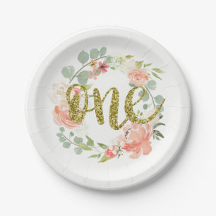 Erster Geburtstag Pink Gold Blumenkranz Papierplat Pappteller