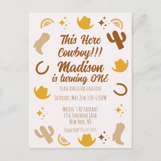 Erster Geburtstag Rainbows Rodeos Groovy Geburtsta Postkarte (Vorderseite)