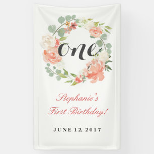 Erster Geburtstag Rosa Blumenkranz One Banner
