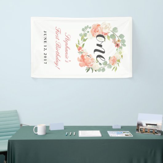 Erster Geburtstag rosa Blumenreath Ein Banner (Messeveranstaltung)