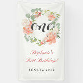 Erster Geburtstag rosa Blumenreath Ein Banner (Vertikal)