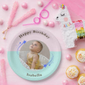 Erster Geburtstag rosa grüner Shooting Star Pappteller (Party)