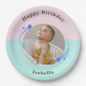 Erster Geburtstag rosa grüner Shooting Star Pappteller (Vorderseite)