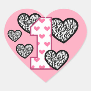 Erster Geburtstag ROSA HERZ-ZAHLzebra-HERZEN V05F Herz-Aufkleber