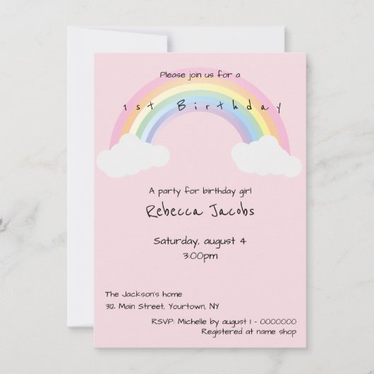 Erster Geburtstag rosa Regenbogen und Wolken Einladung (Vorderseite)