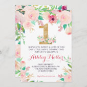 Erster Geburtstag rosa schöne Blumeneinladung, Einladung (Vorne/Hinten)